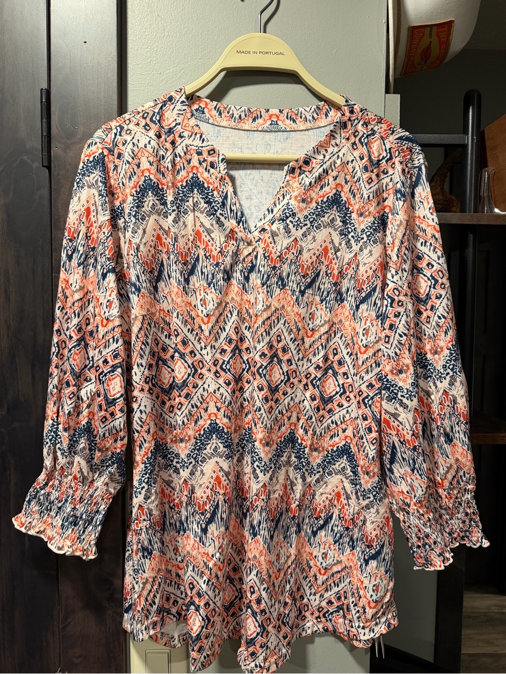 Lomon Boho Geometric Aztec Print V-Neck Tunic Blouse L NWT Smocked